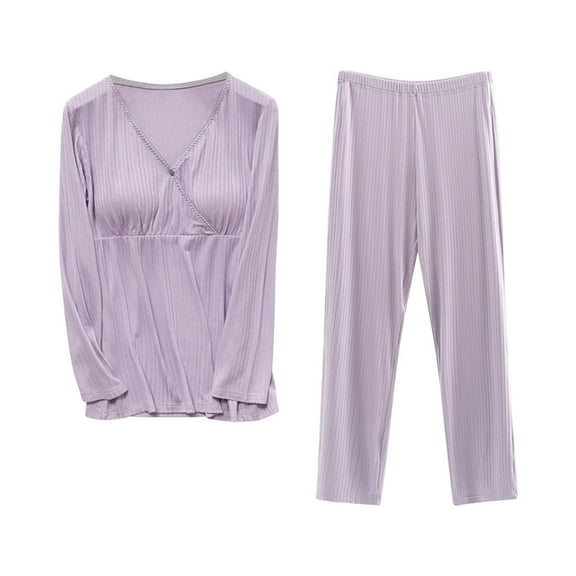 Odeerbi Womens Maternity Tops Set Short Sleeve Breastfeeding Shirt Pregnancy Clothes Solid Color Round Neck 2025 Long Sleeve Nursing Blouse Pants Two Piece Set Maternity Clothes Purple M