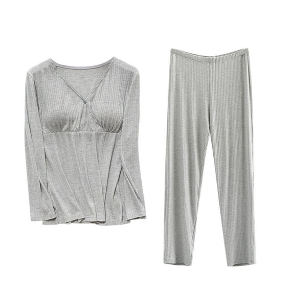 Odeerbi Womens Maternity Tops Set Short Sleeve Breastfeeding Shirt Pregnancy Clothes Solid Color Round Neck 2025 Long Sleeve Nursing Blouse Pants Two Piece Set Maternity Clothes Gray L