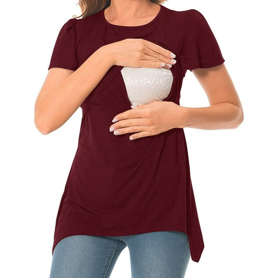 Odeerbi Womens Maternity Tops Short Sleeve Breastfeeding Shirt Pregnancy Clothes Solid Color Round Neck Short Sleeve Nursing Blouse Maternity Clothes Burgundy 2XL
