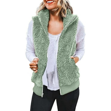 Odeerbi Womens Soft Fleece Vest Sleeveless Winter Coat Fall Warm Zip Up Jackets Outerwear With Pockets Green