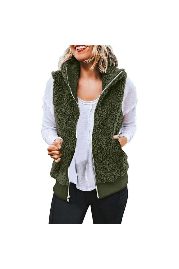Womens Soft Fleece Vest Sleeveless Winter Coat Fall Warm Zip Up Jackets Outerwear With Pockets Olive Green