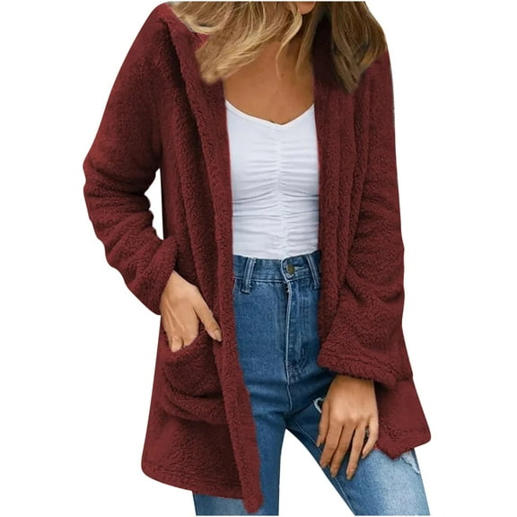 Odeerbi Womens Thicken Fleece Jacket Winter Coat 2025 Long Sleeve Solid Color Knit Sweater Hooded Fleece Cardigan with Double Pocket Burgundy