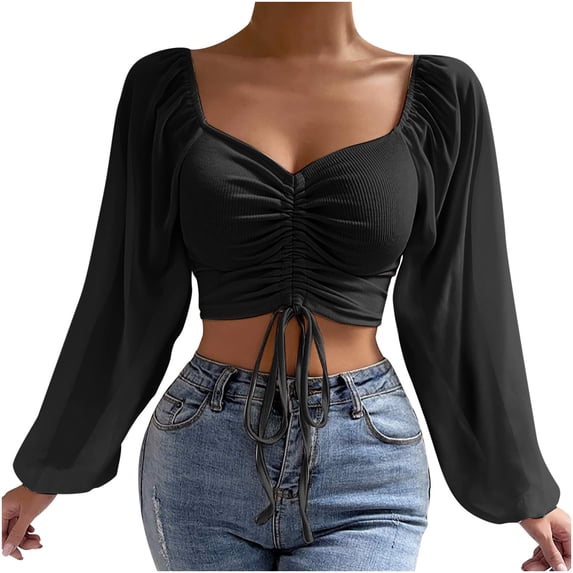Odeerbi Womens Tops Long Sleeve Shirts Blouses Mesh Solid Color Drawstring V Neck Cropped Top Black
