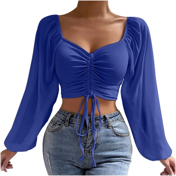 Odeerbi Womens Tops Long Sleeve Shirts Blouses Mesh Solid Color Drawstring V Neck Cropped Top Blue
