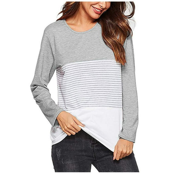 Odeerbi Womens Tops Dressy 2025 Casual Blouse Long Sleeve Shirts Fall Round Neck Splice Pullover Loose Shirt Top Shirt Gray