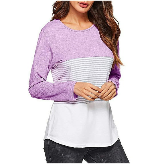 Odeerbi Womens Tops Dressy 2025 Casual Blouse Long Sleeve Shirts Fall Round Neck Splice Pullover Loose Shirt Top Shirt Purple