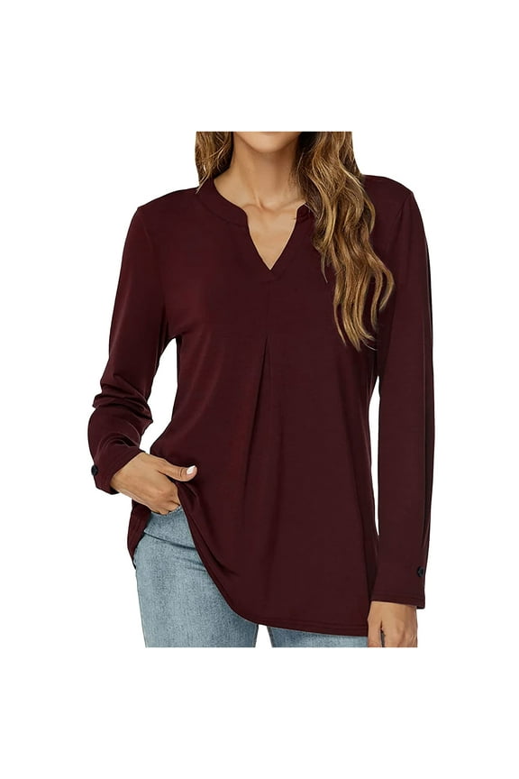 Womens Tops Dressy 2025 Casual Blouse Long Sleeve Shirts Fall Trendy Winter Solid Color V-Neck Button T-Shirt Burgundy