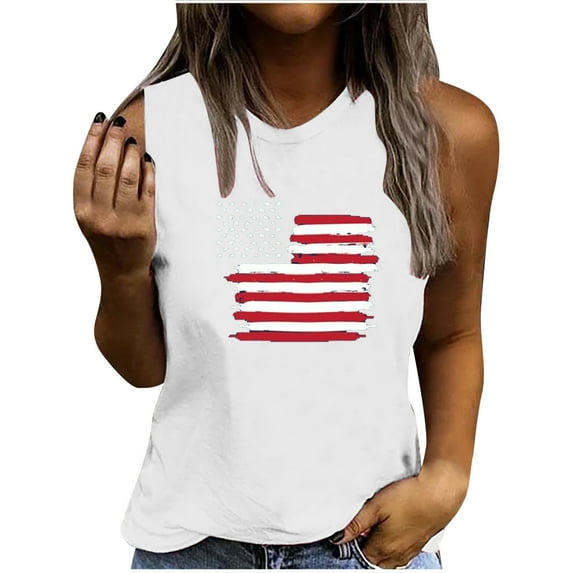 Odeerbi Womens Tops Dressy 2025 Casual Blouse Shirts Print Round Neck Loose Sleeveless T-Shirt Top White