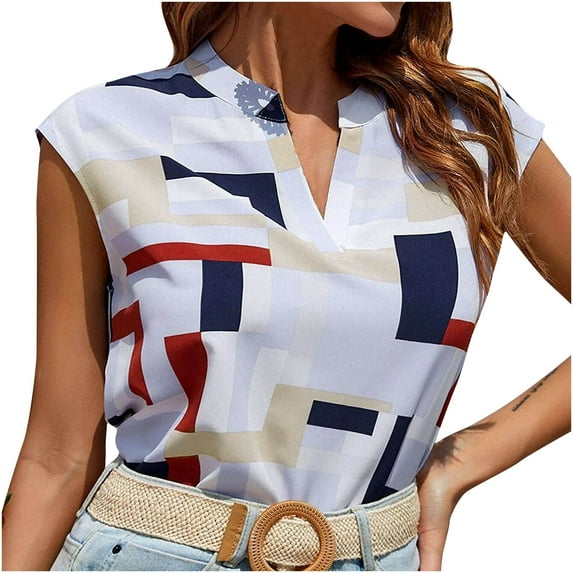 Odeerbi Womens Tops Dressy 2025 Casual Blouse Trendy Sleeveless Bandage Pullover Printing Blue