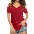 thumbnail image 1 of Odeerbi Womens Tops Dressy Casual Off The Shoulder Tops Loose Short Sleeve V-Neck Solid Blouse T-shirt Tunic Red, 1 of 8