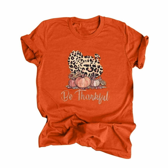 Odeerbi Womens Tops Going Out Tops 2025 Casual Thanksgiving Print Pullover Short Sleeve T-Shirt Shirt Orange