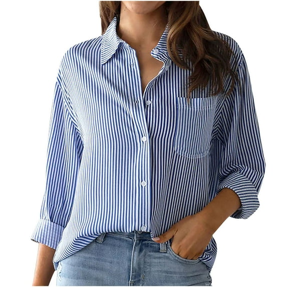 Odeerbi Womens Tops Long Sleeve Shirts Blouses 2025 Casual Fashion Long Sleeve Turndown Collar Button Print T-shirt Blue