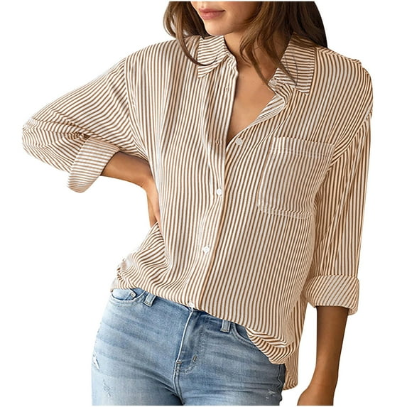 Odeerbi Womens Tops Long Sleeve Shirts Blouses 2025 Casual Fashion Long Sleeve Turndown Collar Button Print T-shirt Khaki
