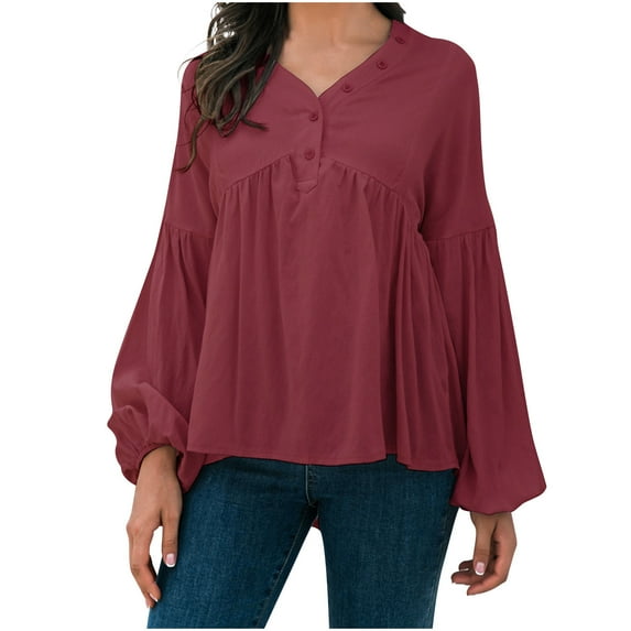 Odeerbi Womens Tops Long Sleeve Shirts Blouses Fashion 2025 Casual Solid V-Neck Long Sleeve Autumn Blouse Pullver Claret