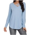 thumbnail image 1 of Odeerbi Womens Tops Long Sleeve Shirts Blouses Solid Color 2024 Fashion Leisure Comfortable V-neck Long Sleeves Blouse Blue, 1 of 7