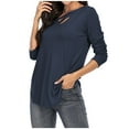 thumbnail image 1 of Odeerbi Womens Tops Long Sleeve Shirts Blouses Solid Color 2025 Fashion Leisure Comfortable V-neck Long Sleeves Blouse Dark Blue, 1 of 7