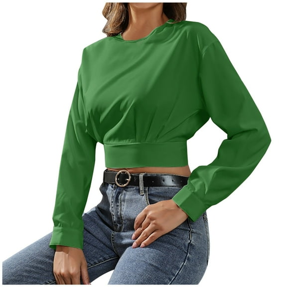 Odeerbi Womens Tops Shirts Blouses Dressy 2025 Casual Long Sleeve Shirts Fashion Comfortable Solid Color Round Neck Blouse Green