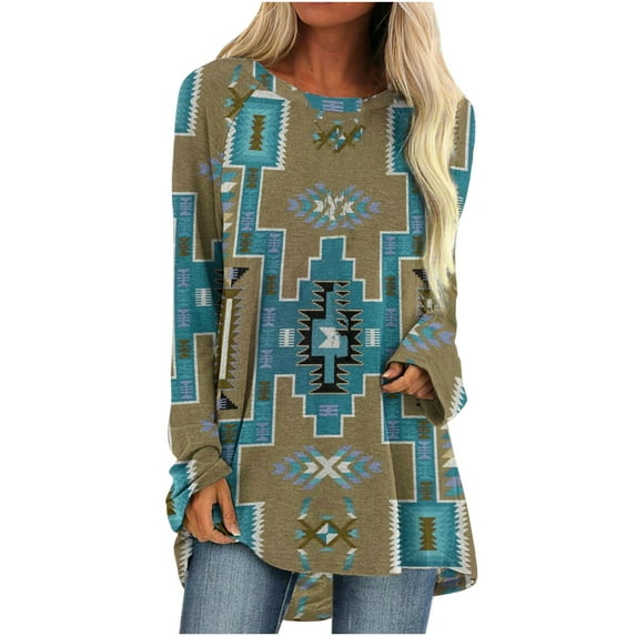 Odeerbi Womens Tops Shirts Blouses Dressy 2025 Casual Long Sleeve Shirts Spring Autumn Round Neck Vintage Western Style Printed Loose Top Blue