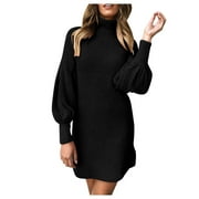 Odeerbi Womens Turtleneck Sweater Dress Ladies 2024 Long Sleeve Jumper Mini Dresses Black