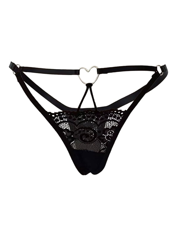 Womens Underwear See Through Thongs Erogenous Solid Lace Hollow Out Lingerie Panties Underpants T-String Black