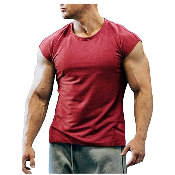 Odeerbi Workout Tank Tops for Men Casual Solid Sports Tank Top Round Neck T-shirt Burgundy