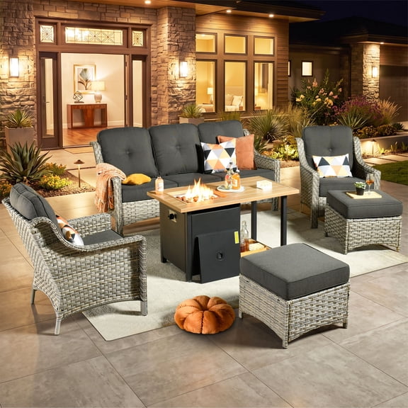 Odelio 6-Piece PE Rattan Patio Furniture Set with Fire Pit Table, Wicker Outdoor Conversation Set with Ottomans, High-Back Outdoor Seating for Backyard Garden Porch, Black