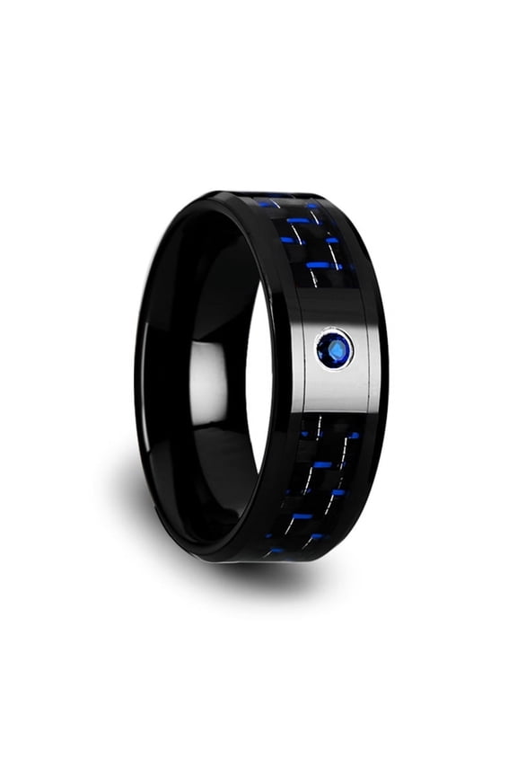 Odell Black Ceramic Ring With Black And Blue Carbon Fiber And Blue Sapphire Setting