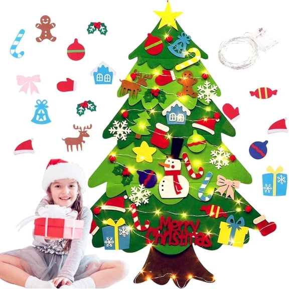 Odenmar-3FT Wall-Mounted Felt Christmas Tree with 32 Ornaments & LED String Lights, DIY Hanging Holiday Decor for Home & Door