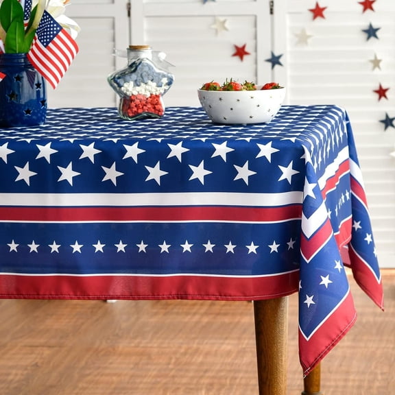 Odenmar 4th of July Patriotic Polyester Tablecloth 60 x 120 Inch Rectangle, Red White Blue Star Stripe Design, Washable Reusable Table Cover for Independence Day Party Indoor Outdoor