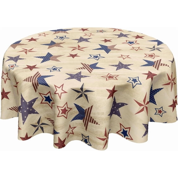 Odenmar 4th of July Round Tablecloth 60 Inch, Vintage Patriotic Red Blue Star Pattern Washable Polyester Table Cover for Indoor Outdoor Party Picnic Dining Decor