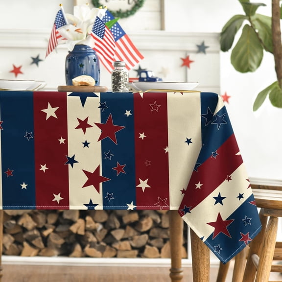 Odenmar 4th of July Tablecloth 60 x 84 Inch Rectangular, Patriotic Red Blue Star Print Washable Polyester Table Cover for Indoor Outdoor Party Picnic Dining Decor