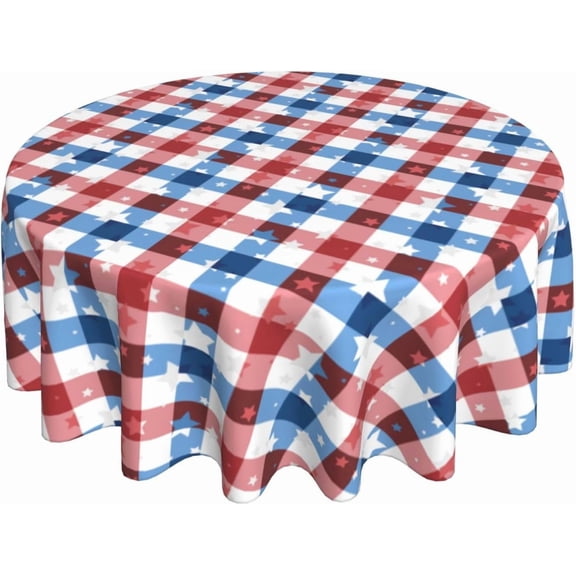 Odenmar 4th of July Round Tablecloth 60 Inch, Patriotic Check Star Polyester Cover for Independence Day Memorial Day Party Decor