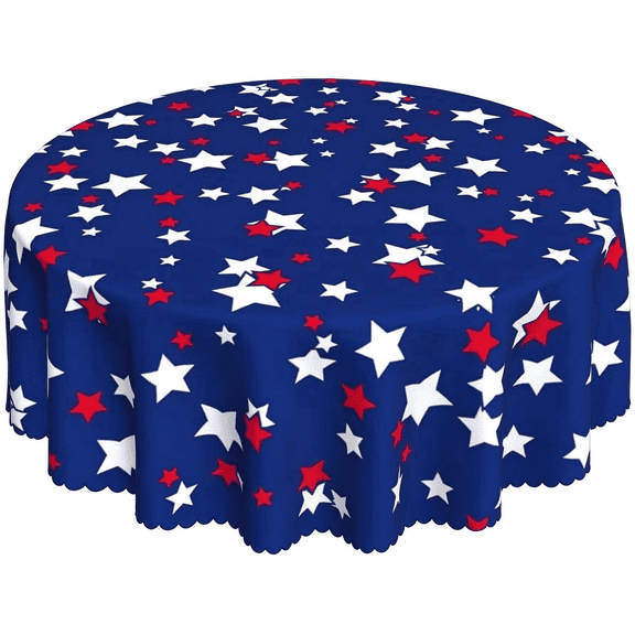 Odenmar 60 inch Round Patriotic Tablecloth Red White Blue Star Polyester Fabric Cover for Dining Kitchen Holiday Party Home Decor Everyday Use