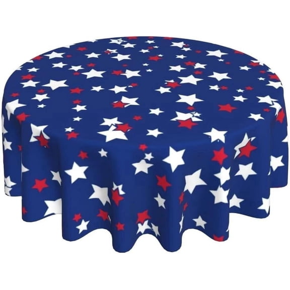 Odenmar 60 inch Round Tablecloth, Red Blue Star Stripe Print, Polyester Washable Reusable Cover for Dining Kitchen Picnic Decor