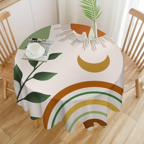 Odenmar 60 Inch Round Abstract Tablecloth, Leaf Sun Moon Pattern Polyester Table Cover, Green Orange Washable Reusable Round Tablecloth for Dining Indoor Outdoor Decor