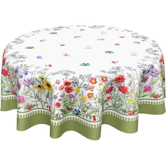 Odenmar 60 Inch Round Floral Tablecloth, Waterproof Washable Table Cover, Border Wildflower Pattern Table Cloth for Dining Table, Kitchen Indoor Outdoor Home Decor