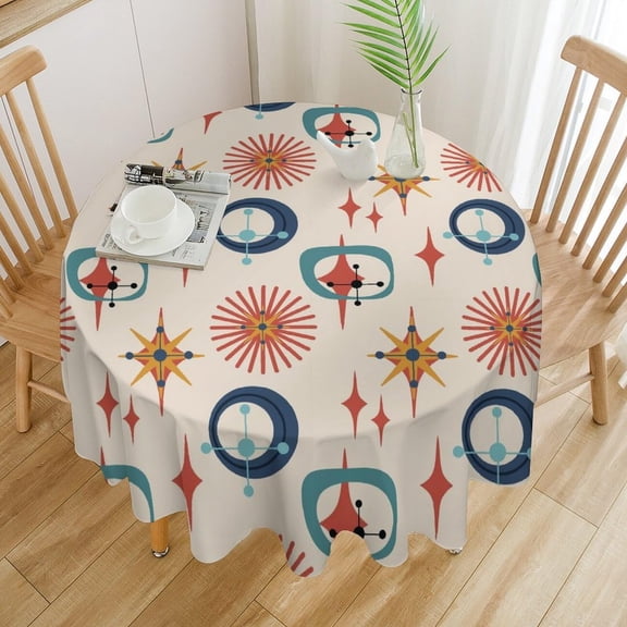 Odenmar 60 Inch Round Geometric Tablecloth, Waterproof Washable Table Cover, Mid Century Modern Abstract Table Cloth for Dining Table, Kitchen Indoor Outdoor Home Decor
