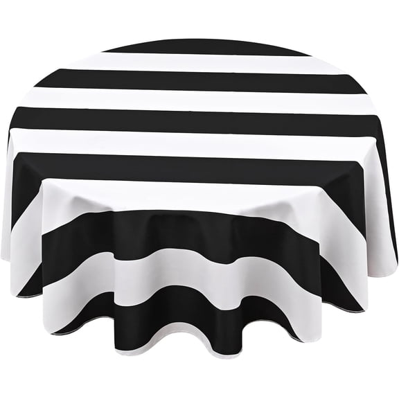Odenmar 60 Inch Round Striped Tablecloth, Black White Polyester Table Cover, Washable Reusable Round Tablecloth for Dining Kitchen Indoor Outdoor Decor