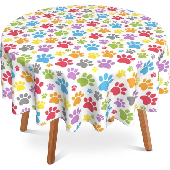 Odenmar 60 Inch Round Tablecloth, Colorful Paw Print Table Cover, Cute Pet Dog Cat Pattern Waterproof Washable Polyester Tablecloth for Dining Kitchen Party Decor