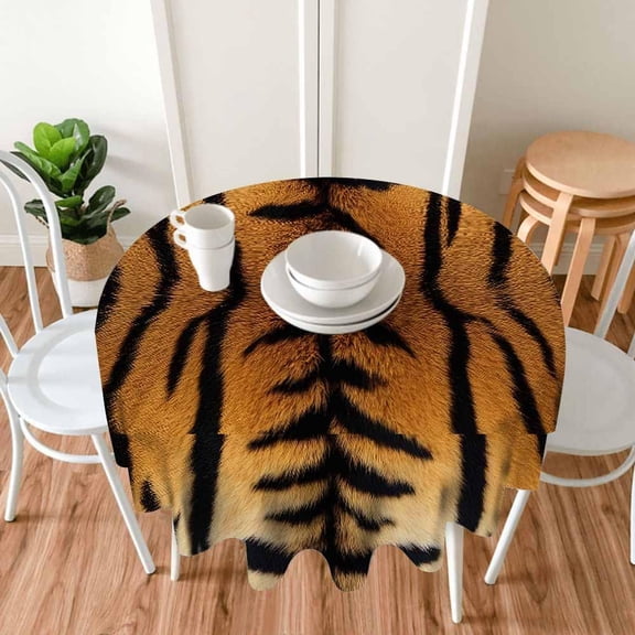 Odenmar 60 Inch Round Tablecloth, Realistic Animal Print Table Cover, Brown Black Fur Pattern Tablecloth, Washable Spill Resistant Polyester Tablecloth for Dining Table, Party, Home Decor
