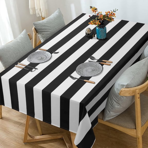 Odenmar 60 x 102 Inch Rectangular Striped Tablecloth, Black White Polyester Table Cover, Washable Reusable Tablecloth for Dining Kitchen Indoor Outdoor Decor