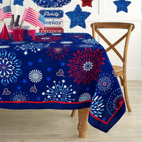 Odenmar 60 x 60 Inch Square 4th of July Fireworks Star Tablecloth, Red Blue White Polyester Table Cover, Washable Reusable Tablecloth for Party Picnic Indoor Outdoor Decor