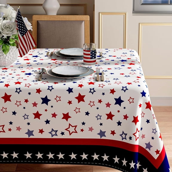 Odenmar 60 x 60 Inch Square Patriotic Star Tablecloth, Red Blue White Polyester Table Cover, Washable Reusable Tablecloth for Party Picnic Indoor Outdoor Table Decor