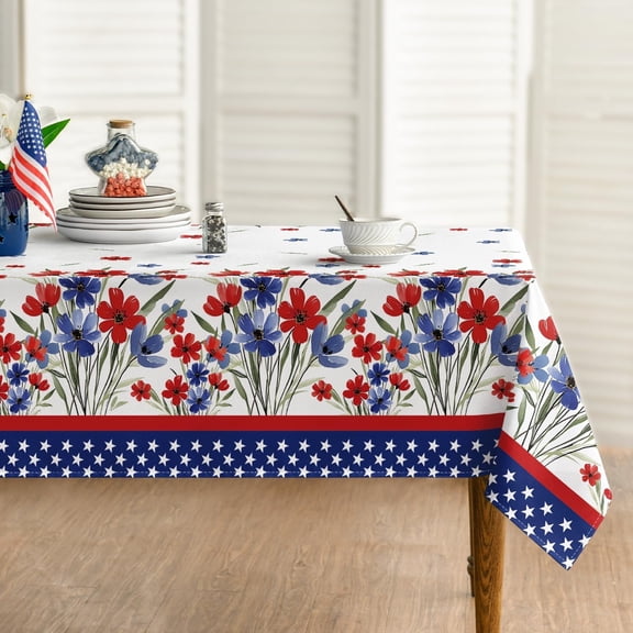 Odenmar 60 x 84 Inch Rectangular 4th of July Floral Star Tablecloth, Red Blue Polyester Table Cover, Washable Reusable Tablecloth for Party Picnic Indoor Outdoor Decor