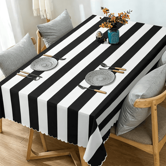 Odenmar 60 x 84 Inch Rectangular Striped Tablecloth, Black White Polyester Table Cover, Washable Reusable Tablecloth for Dining Kitchen Indoor Outdoor Decor
