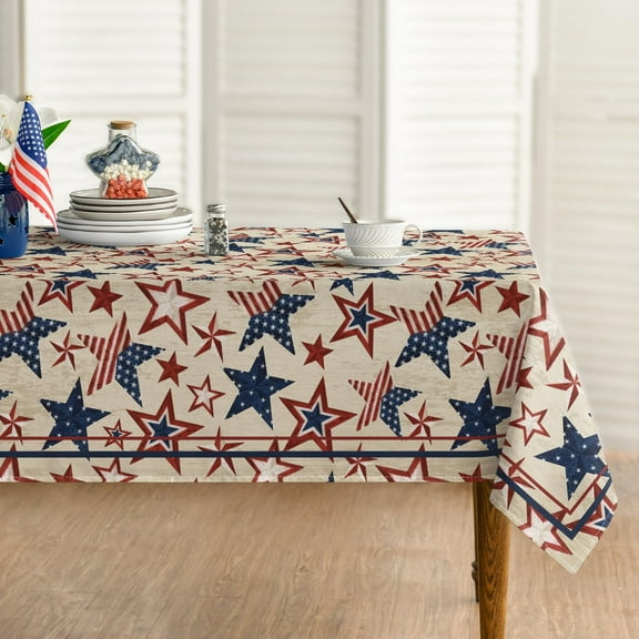 Odenmar 60x60 Inch Square Patriotic Tablecloth, 4th of July Red Blue Star Polyester Table Cover, Washable Reusable Fabric Tablecloth for Holiday Party Picnic Indoor Outdoor Decor