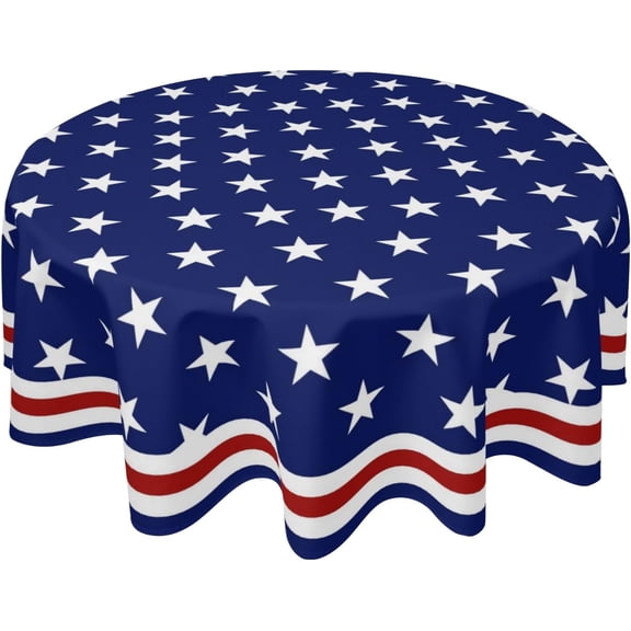Odenmar 70 Inch Round 4th of July Star Tablecloth, Blue Red White Polyester Table Cover, Washable Reusable Round Tablecloth for Party Picnic Indoor Outdoor Decor