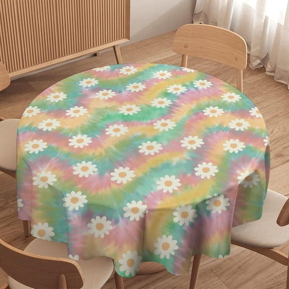 Odenmar 70 Inch Round Daisy Tie Dye Tablecloth, Waterproof Washable Large Table Cover, Colorful Floral Pattern Table Cloth for Dining Table, Indoor Outdoor Picnic Party Decor