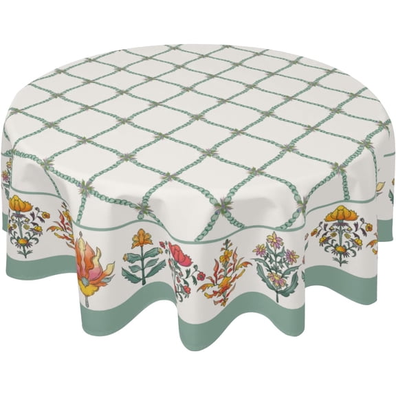 Odenmar 70 Inch Round Floral Tablecloth, Waterproof Washable Large Table Cover, Green Grid and Botanical Pattern Table Cloth for Dining Table Kitchen Indoor Outdoor Decor