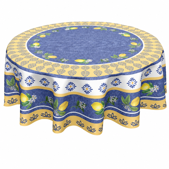 Odenmar 70 inch Round Tablecloth, Blue Yellow Lemon Fruit Print, Polyester Washable Reusable Cover for Dining Kitchen Outdoor Decor